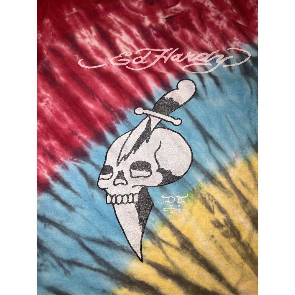 Ed Hardy T-Shirt Women's Small Aqua Cotton Tie-Dye Skull Knife Graphic Vintage - Picture 6 of 8